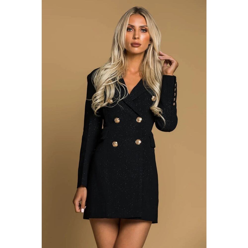 NWOT Beulah Glittery Black Tuxedo Dress Gold Buttons Double Breasted S
